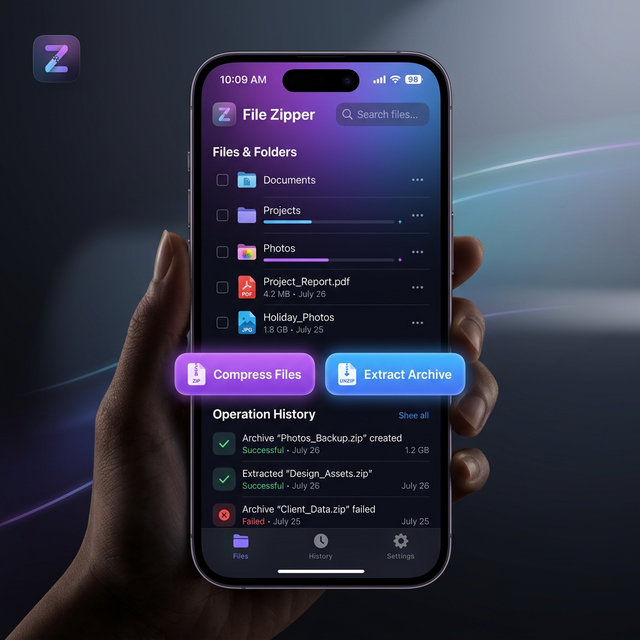 File Zipper app screenshot showing compression and extraction interface